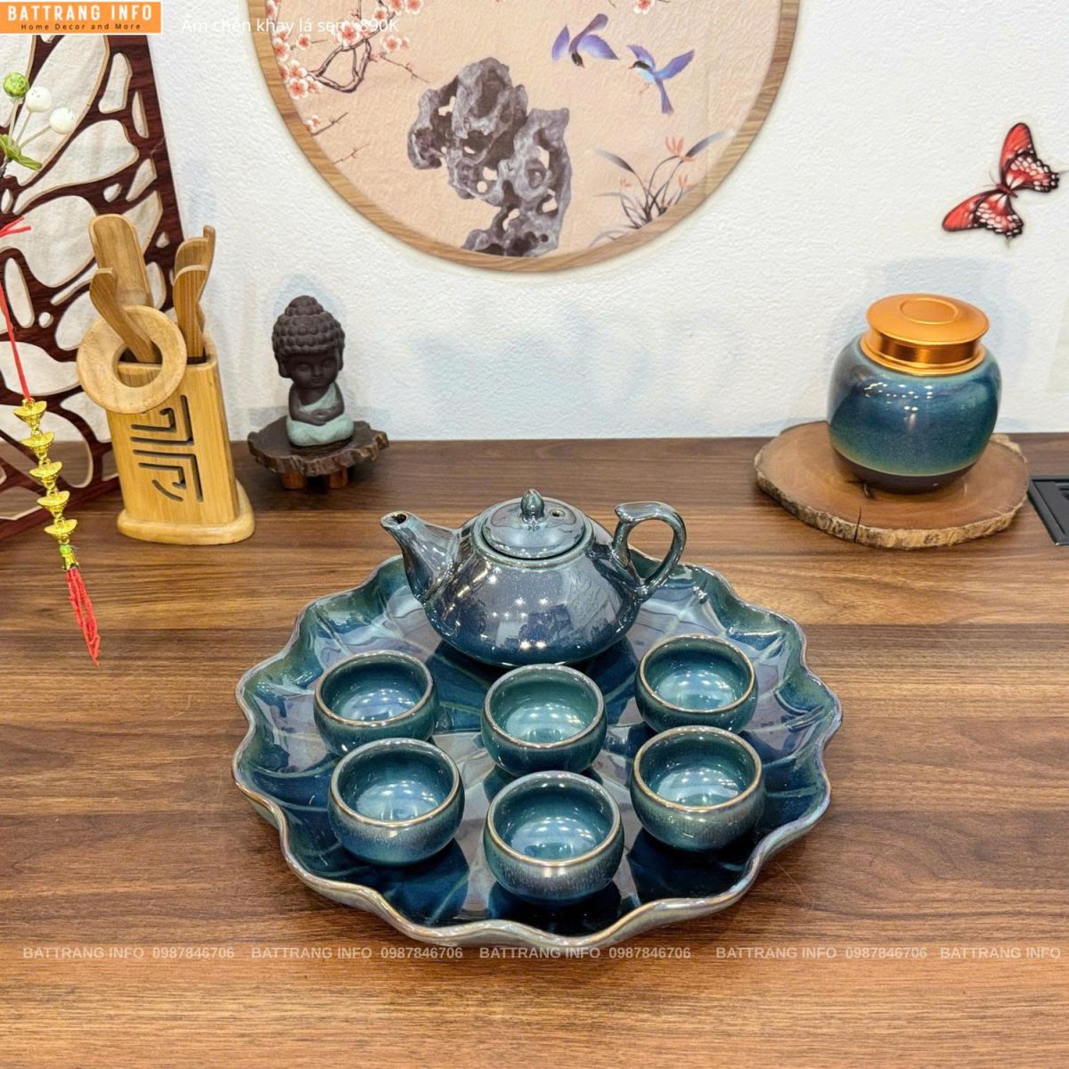 Bộ ấm chén men hoả biến khay lá sen cao cấp Bát Tràng