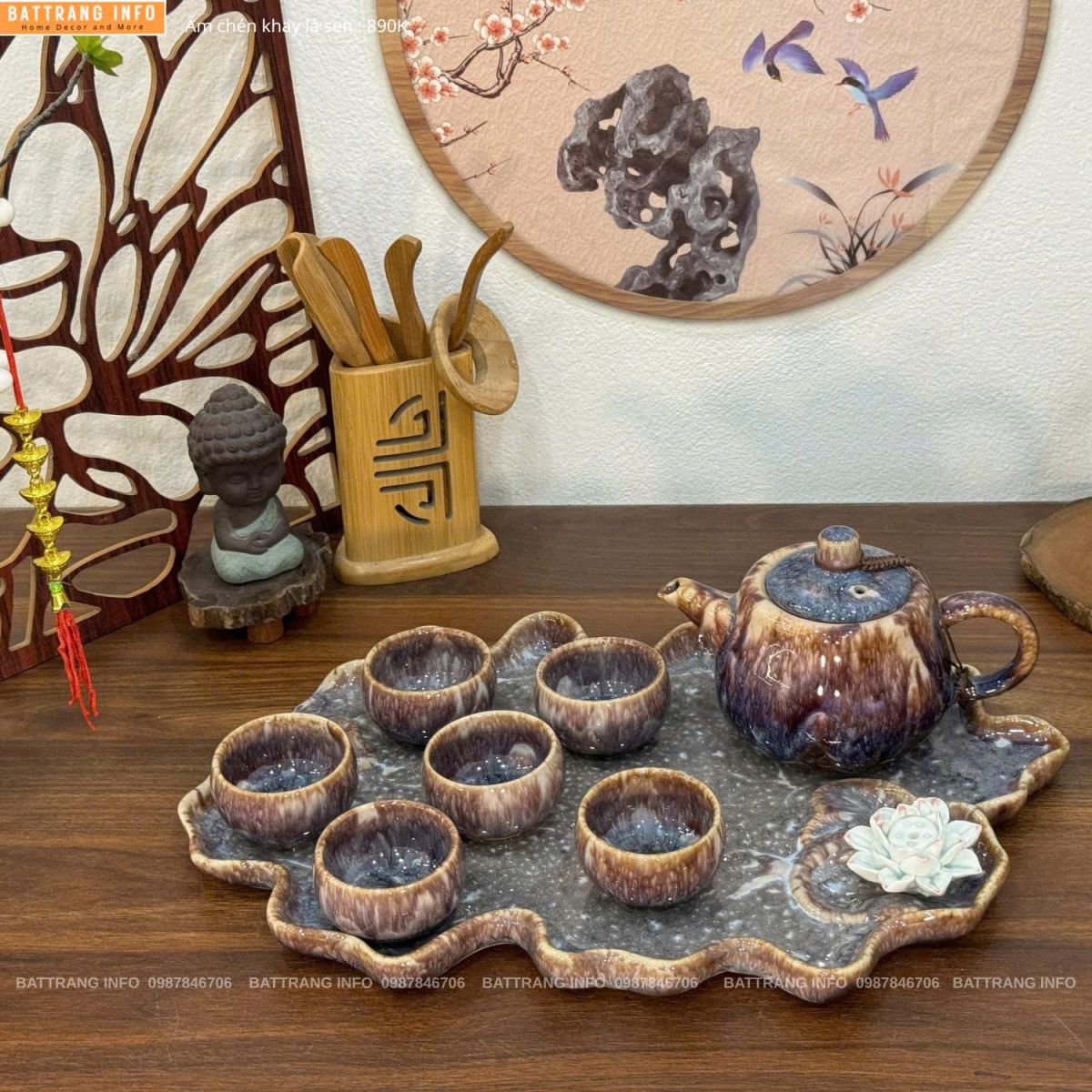 Bộ ấm chén men hoả biến khay lá sen cao cấp Bát Tràng