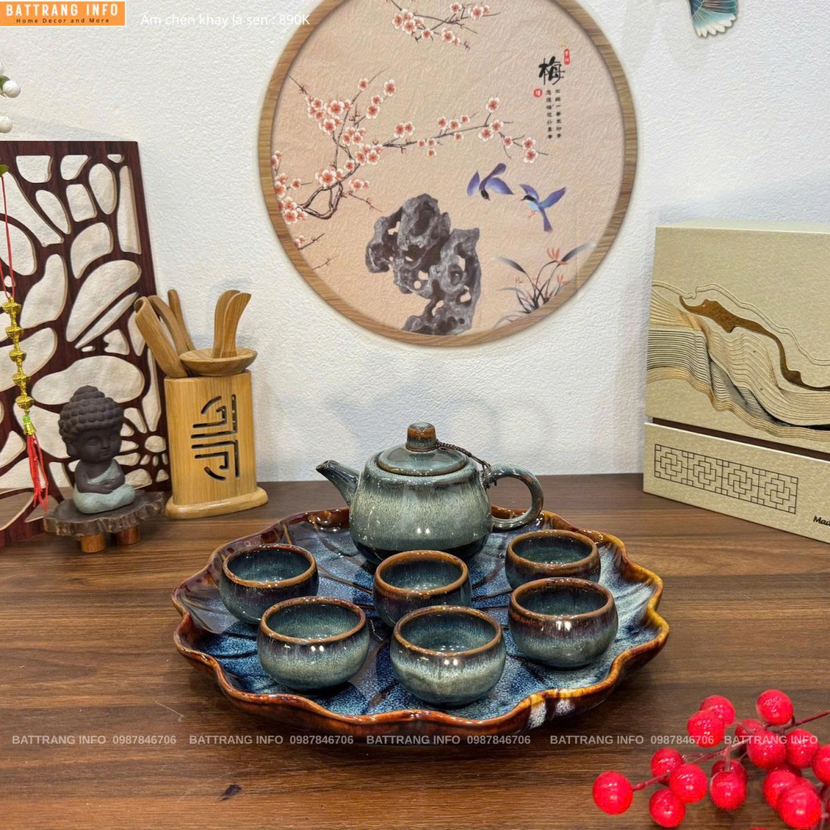 Bộ ấm chén men hoả biến khay lá sen cao cấp Bát Tràng