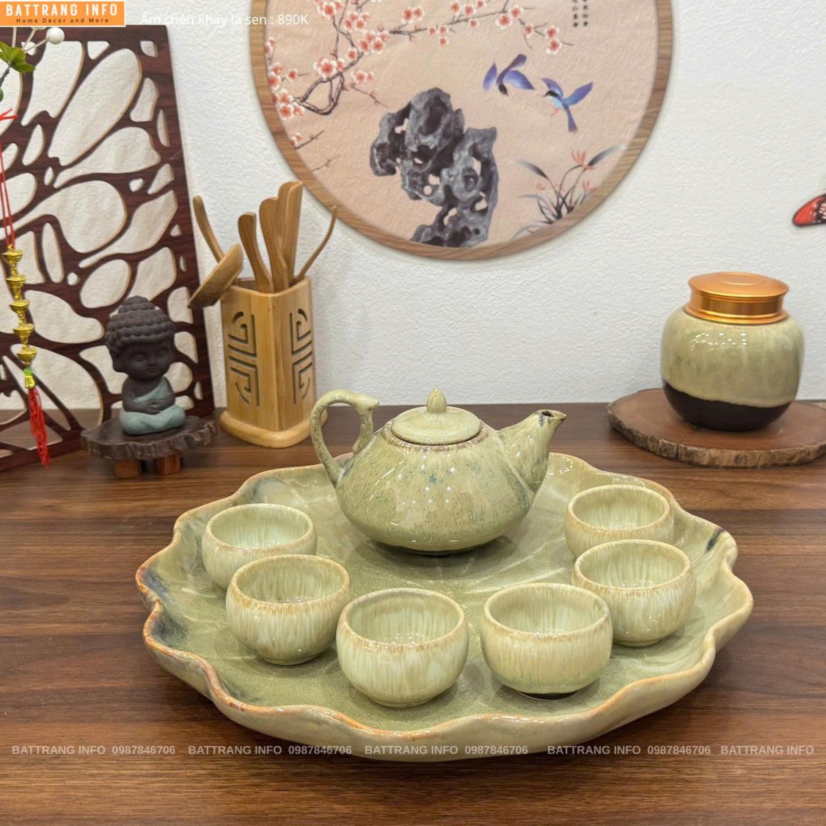 Bộ ấm chén men hoả biến khay lá sen cao cấp Bát Tràng