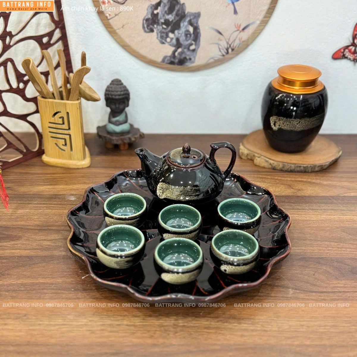 Bộ ấm chén men hoả biến khay lá sen cao cấp Bát Tràng