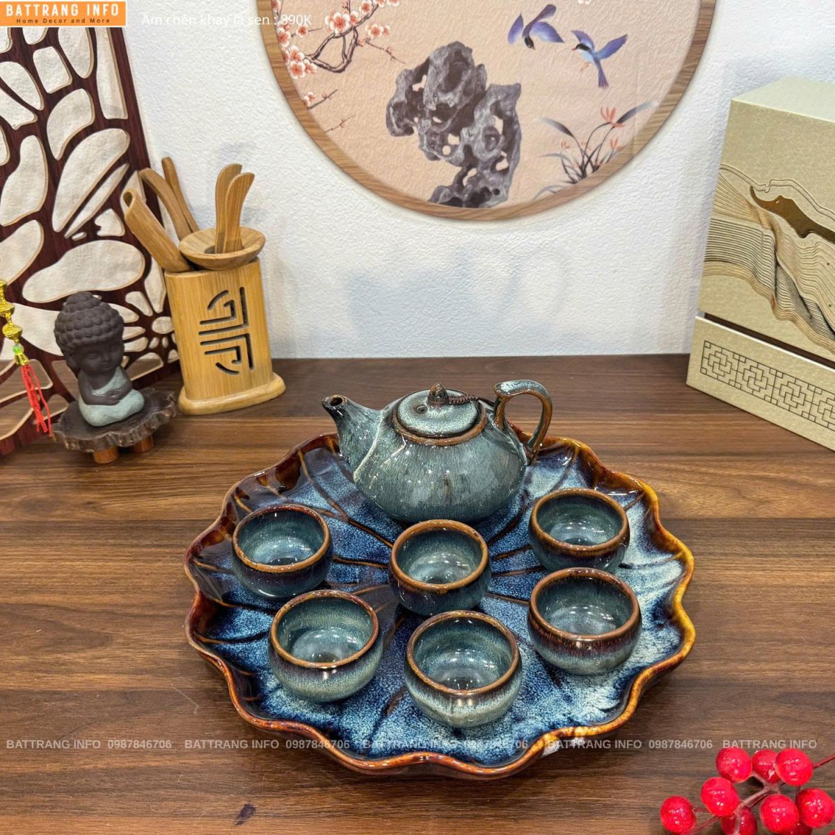 Bộ ấm chén men hoả biến khay lá sen cao cấp Bát Tràng