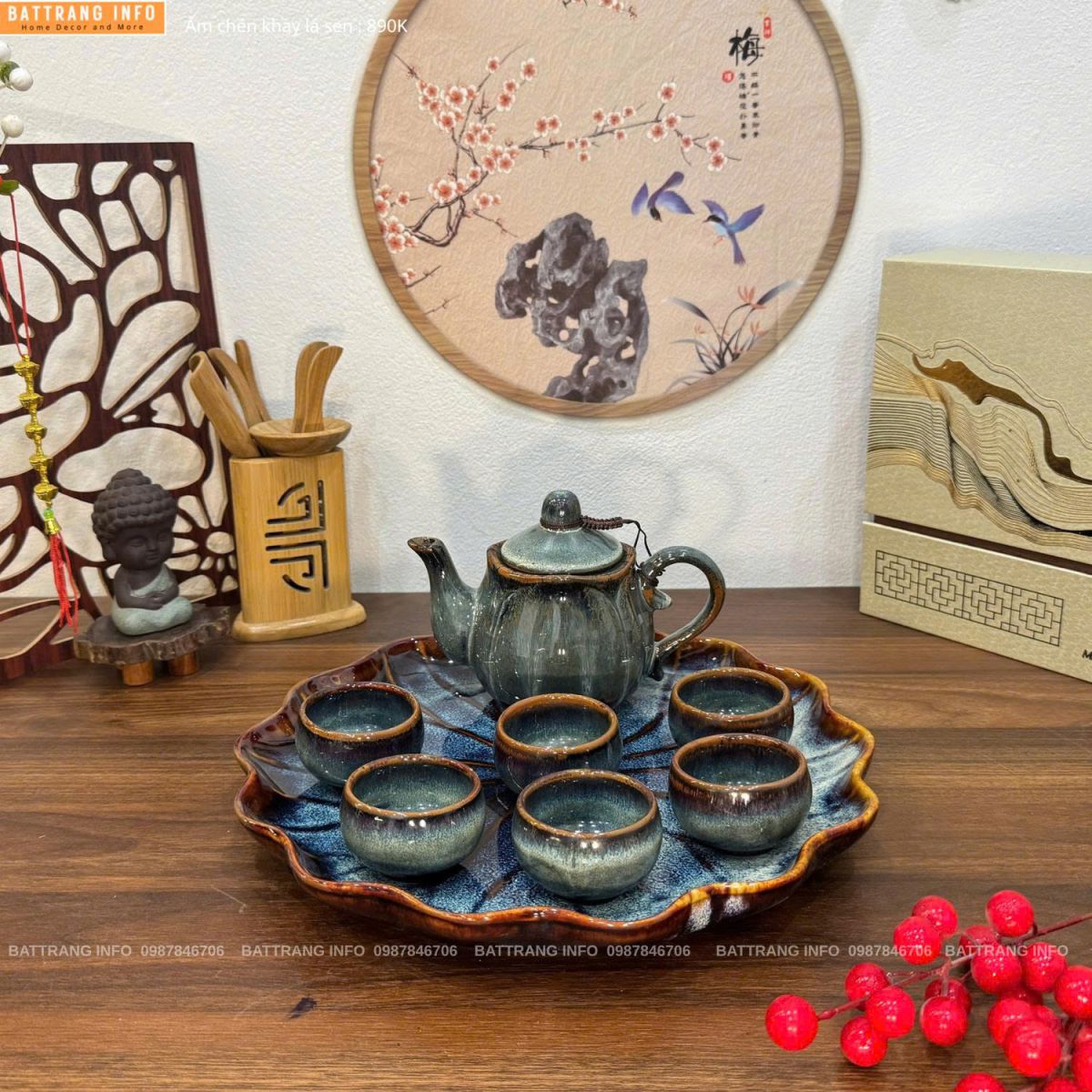 Bộ ấm chén men hoả biến khay lá sen cao cấp Bát Tràng