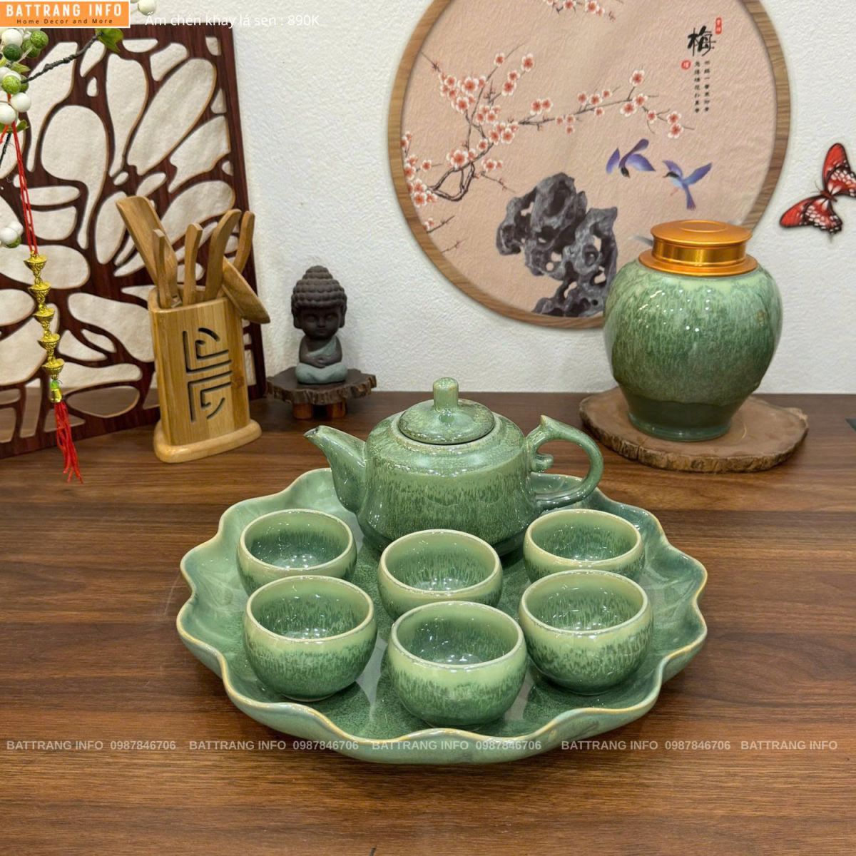 Bộ ấm chén men hoả biến khay lá sen cao cấp Bát Tràng
