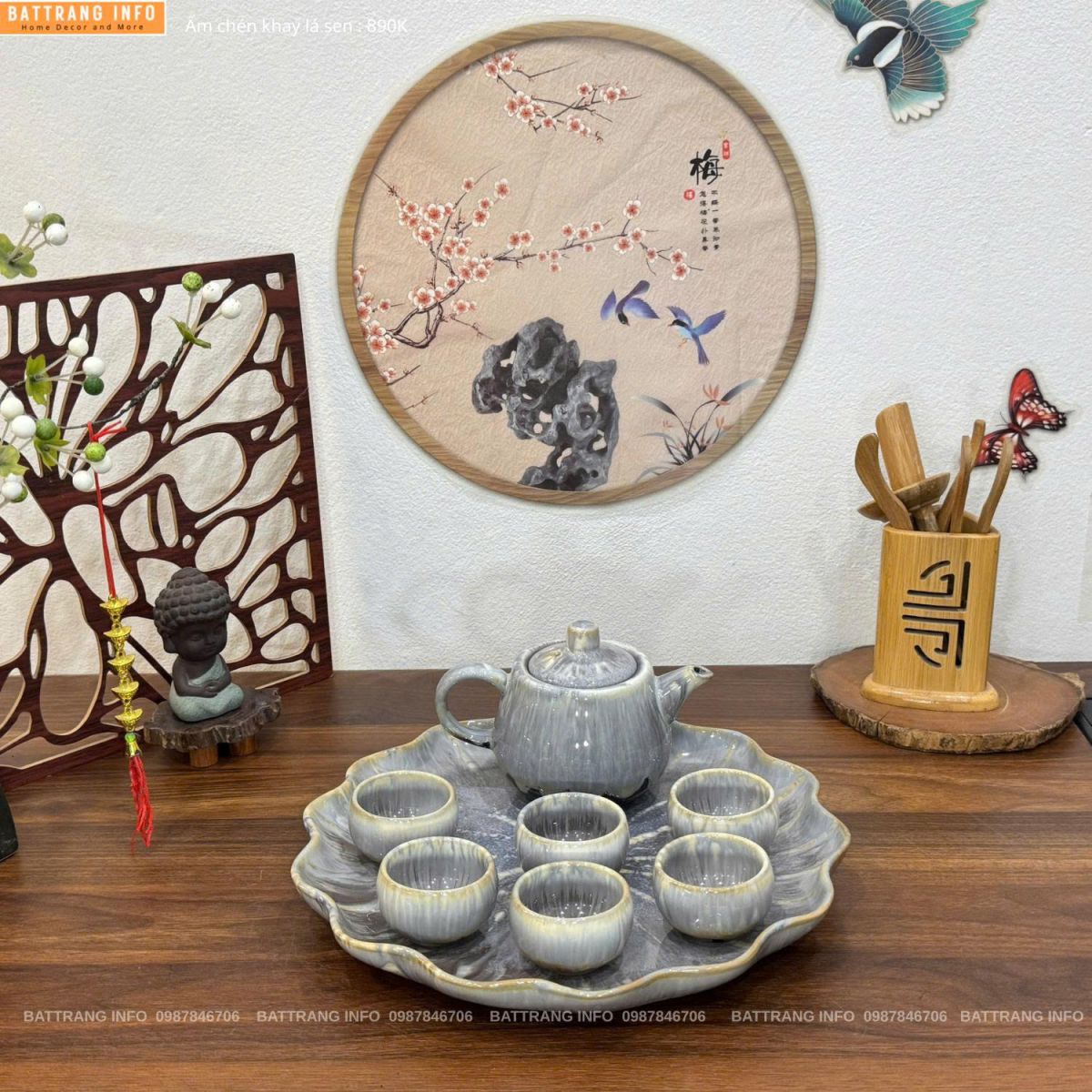 Bộ ấm chén men hoả biến khay lá sen cao cấp Bát Tràng