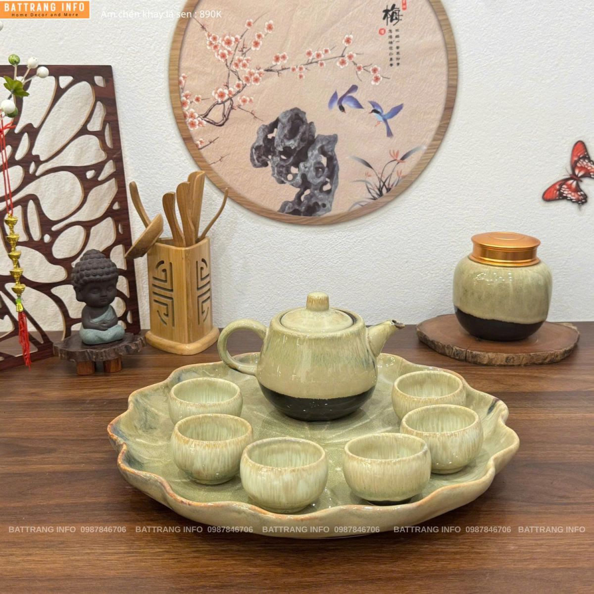 Bộ ấm chén men hoả biến khay lá sen cao cấp Bát Tràng