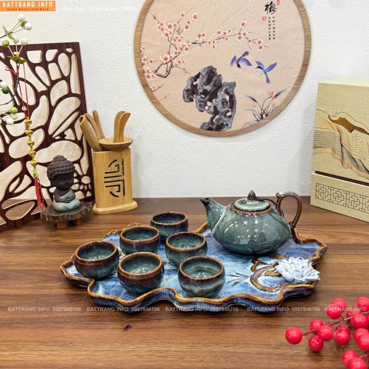 Bộ ấm chén men hoả biến khay lá sen cao cấp Bát Tràng