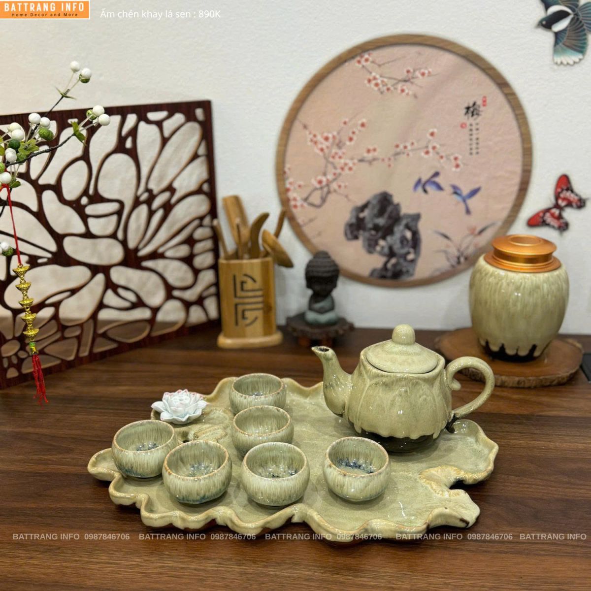 Bộ ấm chén men hoả biến khay lá sen cao cấp Bát Tràng