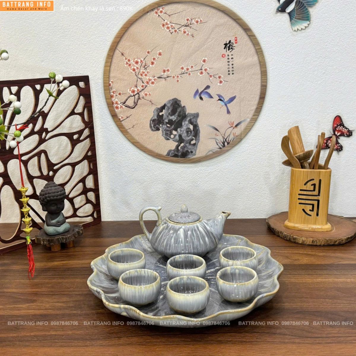 Bộ ấm chén men hoả biến khay lá sen cao cấp Bát Tràng