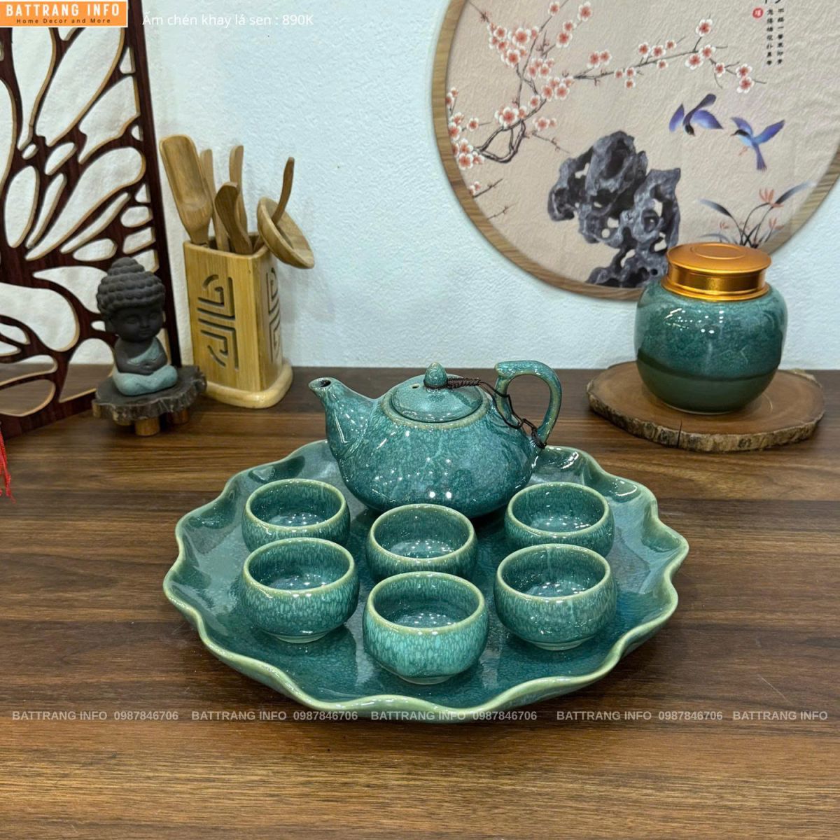 Bộ ấm chén men hoả biến khay lá sen cao cấp Bát Tràng