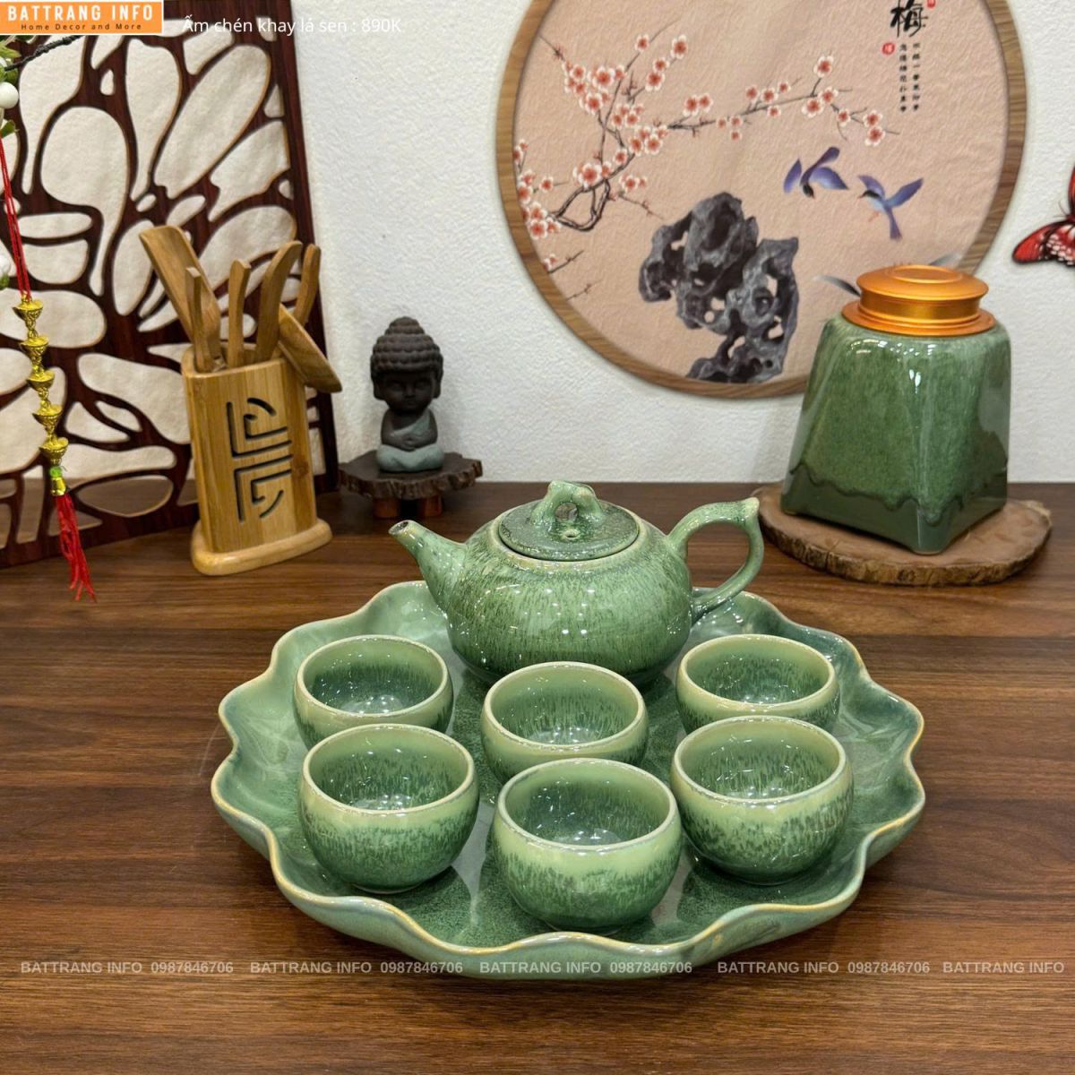 Bộ ấm chén men hoả biến khay lá sen cao cấp Bát Tràng