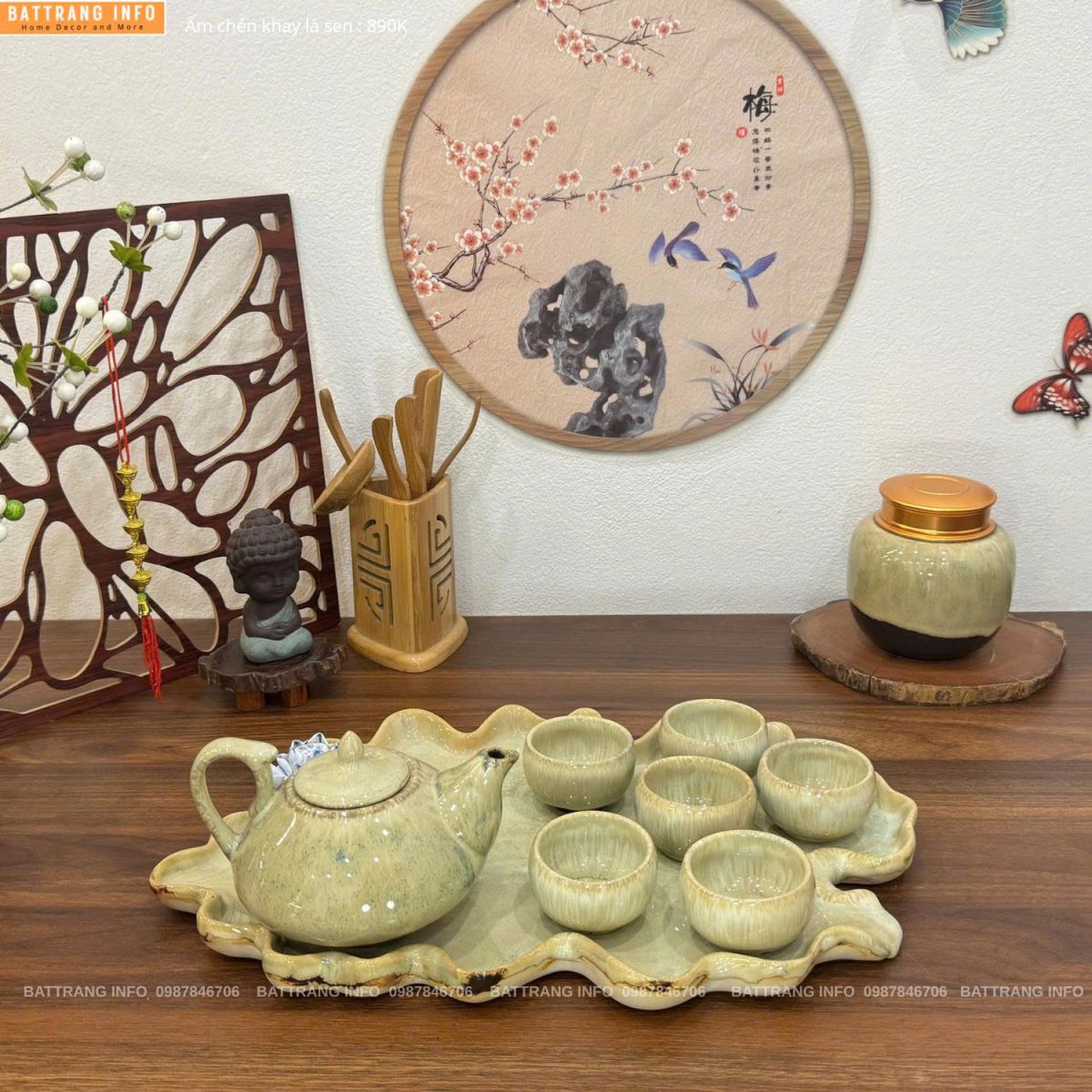 Bộ ấm chén men hoả biến khay lá sen cao cấp Bát Tràng