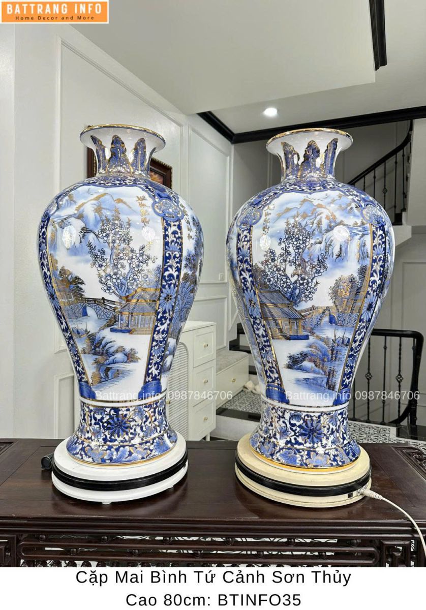 MAI BÌNH TỨ CẢNH SƠN THUỶ H80 VẼ VÀNG 24K