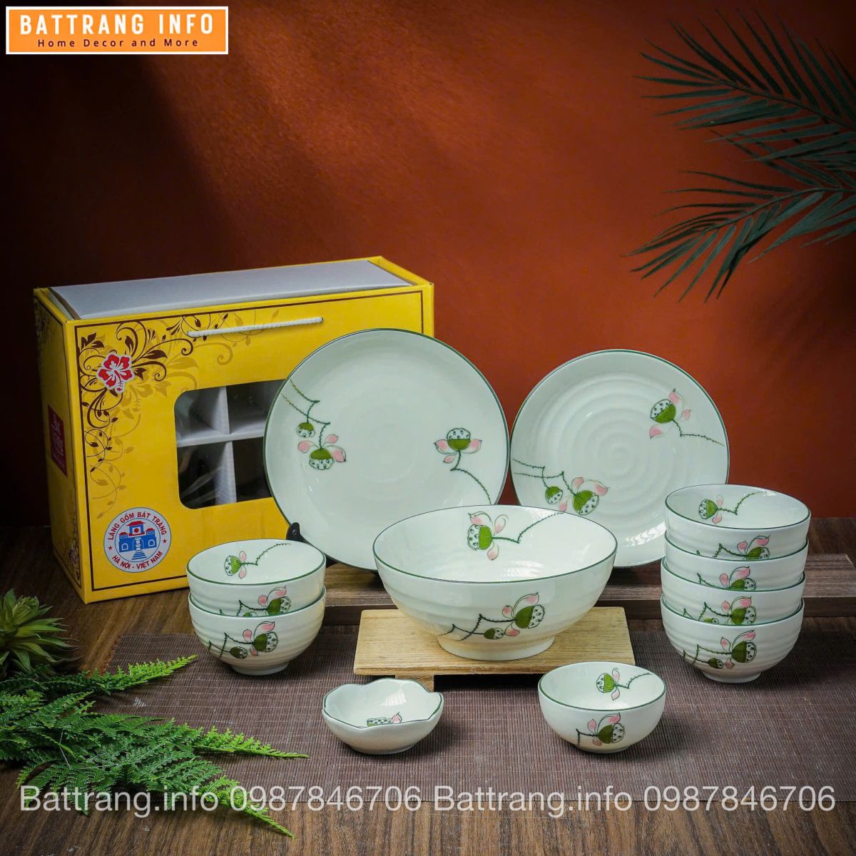 Bộ Bát Đĩa Quà Tặng Cao Cấp Bát Tràng – Sen Đài