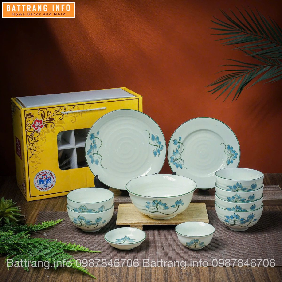 Bộ Bát Đĩa Quà Tặng Cao Cấp Bát Tràng –  Sen Xanh