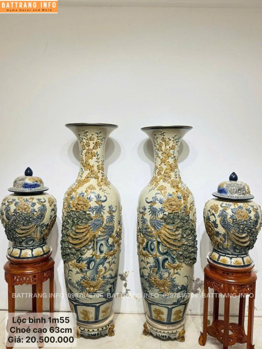 Combo Lộc Bình Và Choé Công Danh Phú Quý Men Rạn Nổi Bát Tràng
