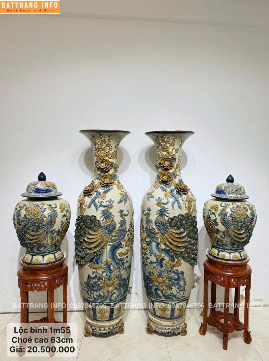 Combo Lộc Bình Và Choé Công Danh Phú Quý Men Rạn Nổi Bát Tràng