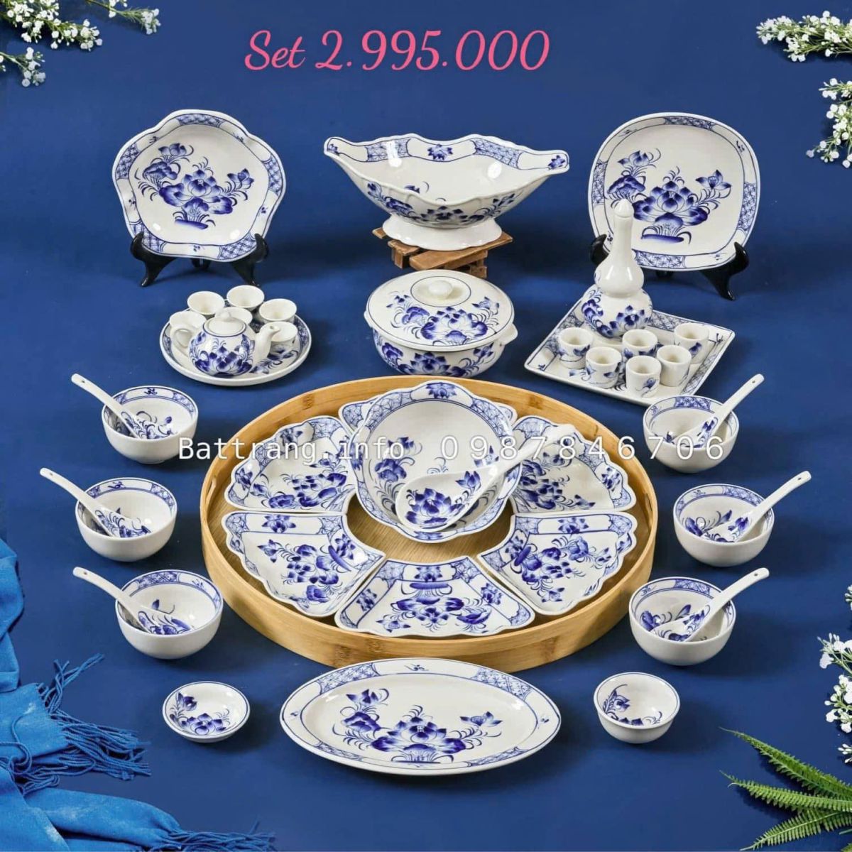 Bộ Bát Đĩa Hoa Mặt Trời Gốm Bát Tràng
