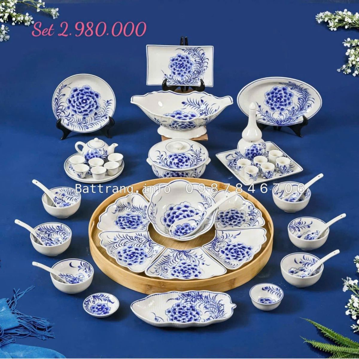 Bộ Bát Đĩa Hoa Mặt Trời Gốm Bát Tràng