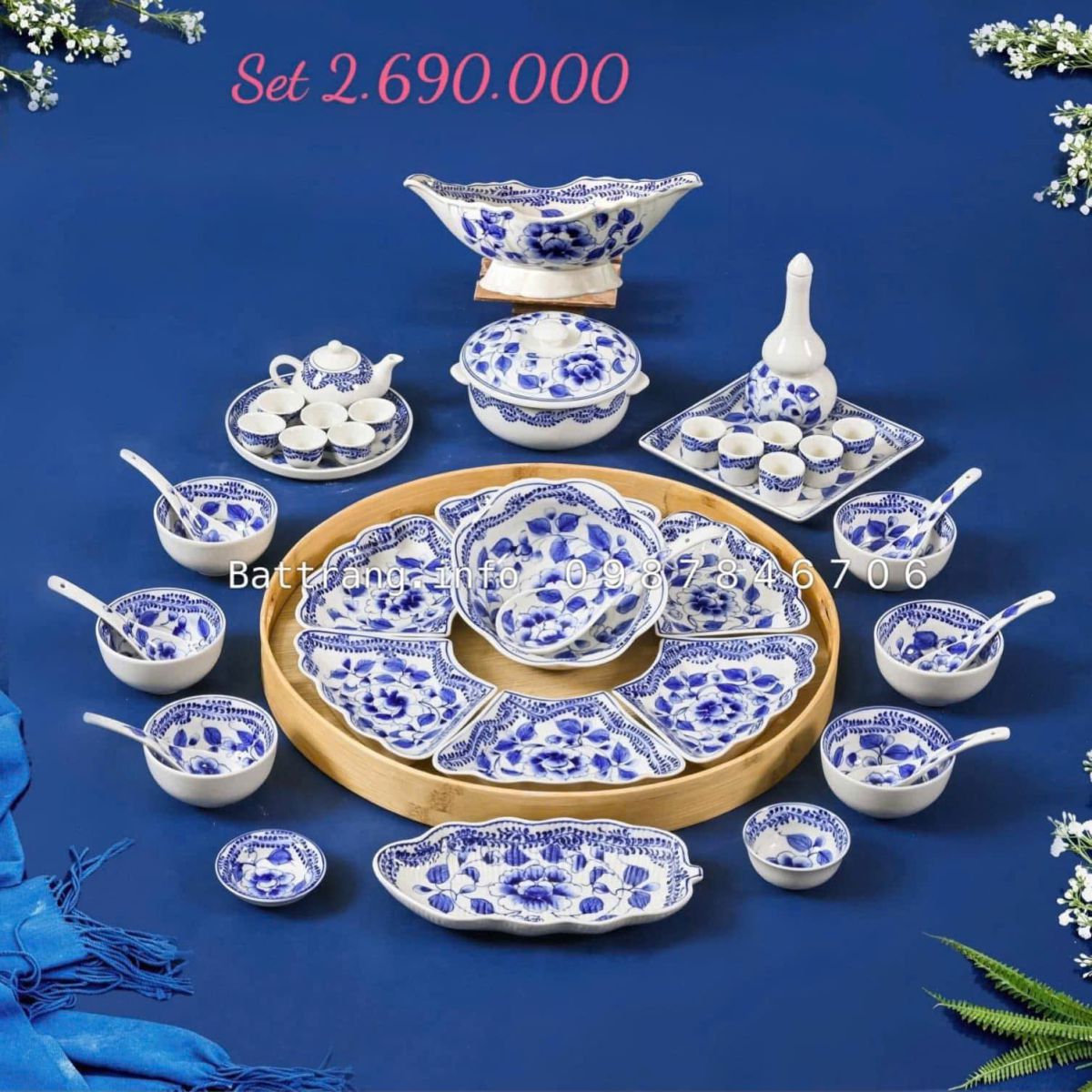 Sét Bát Đĩa Hoa Mặt Trời – Mâm Cơm Cúng Rằm Tháng Giêng Cao Cấp Bát Tràng