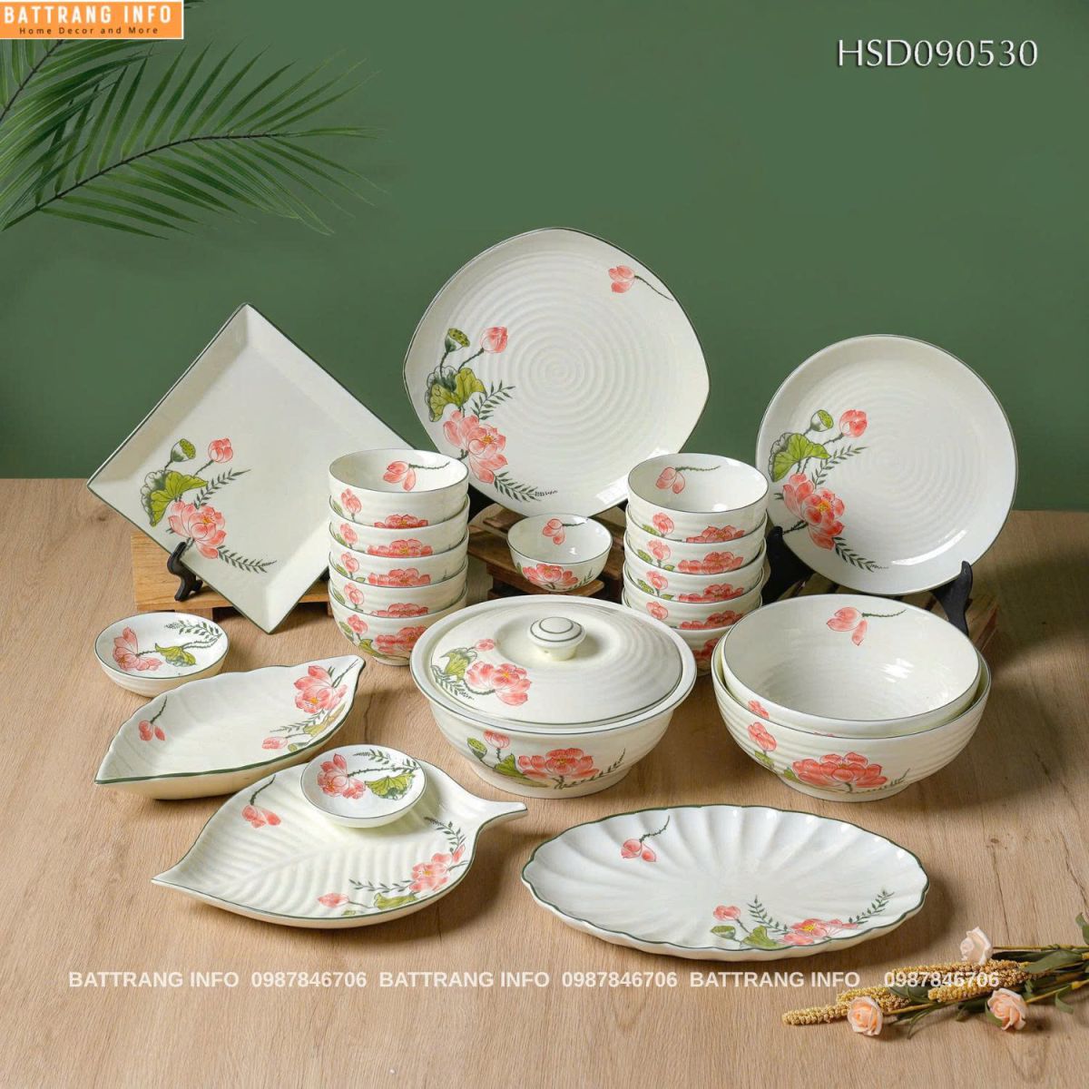 Sét Bát Đĩa Sen Hồng 1800