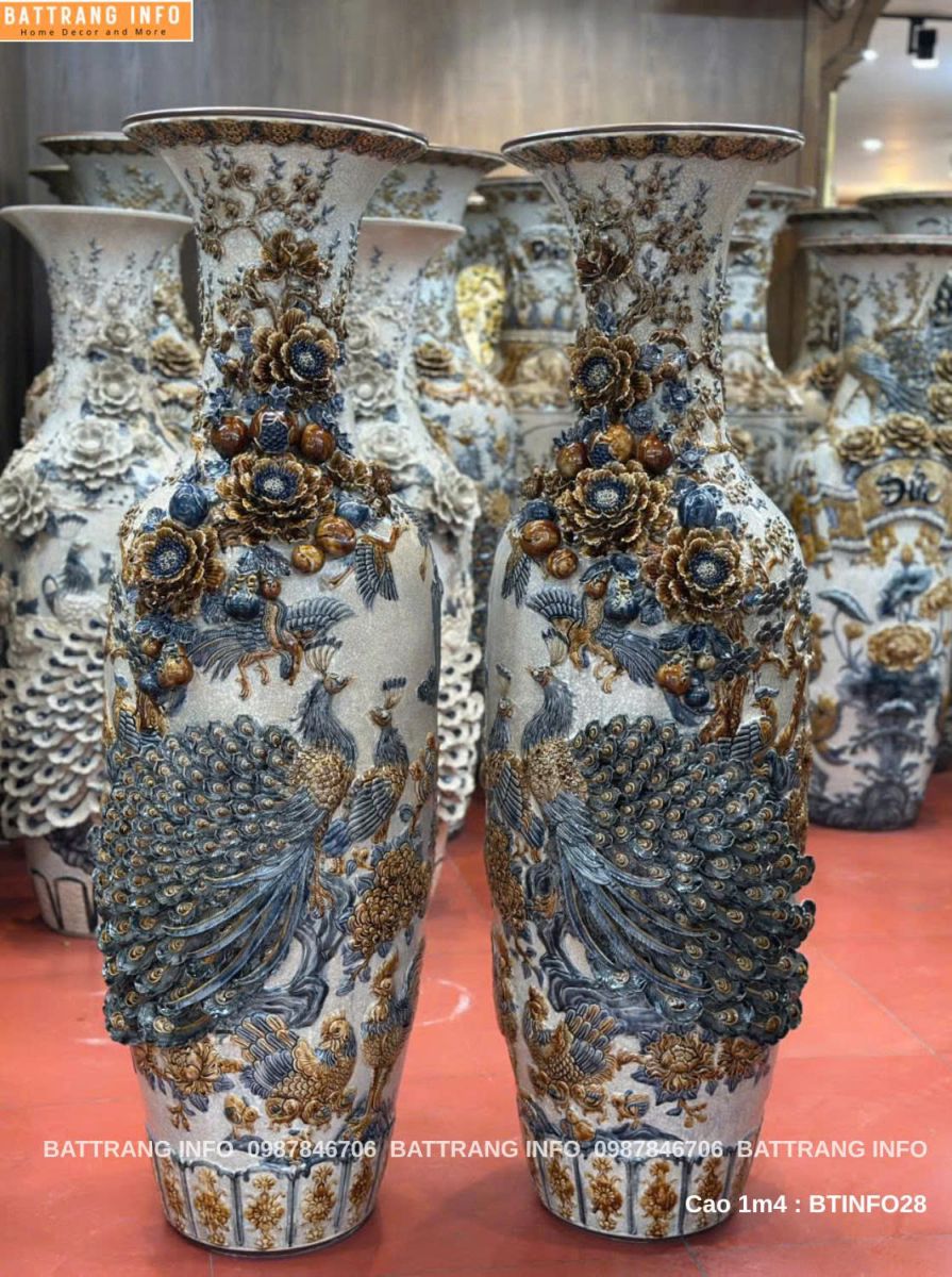 Lộc Bình Công Danh Phú Quý Men Rạn Đắp Nổi Cao 1m4