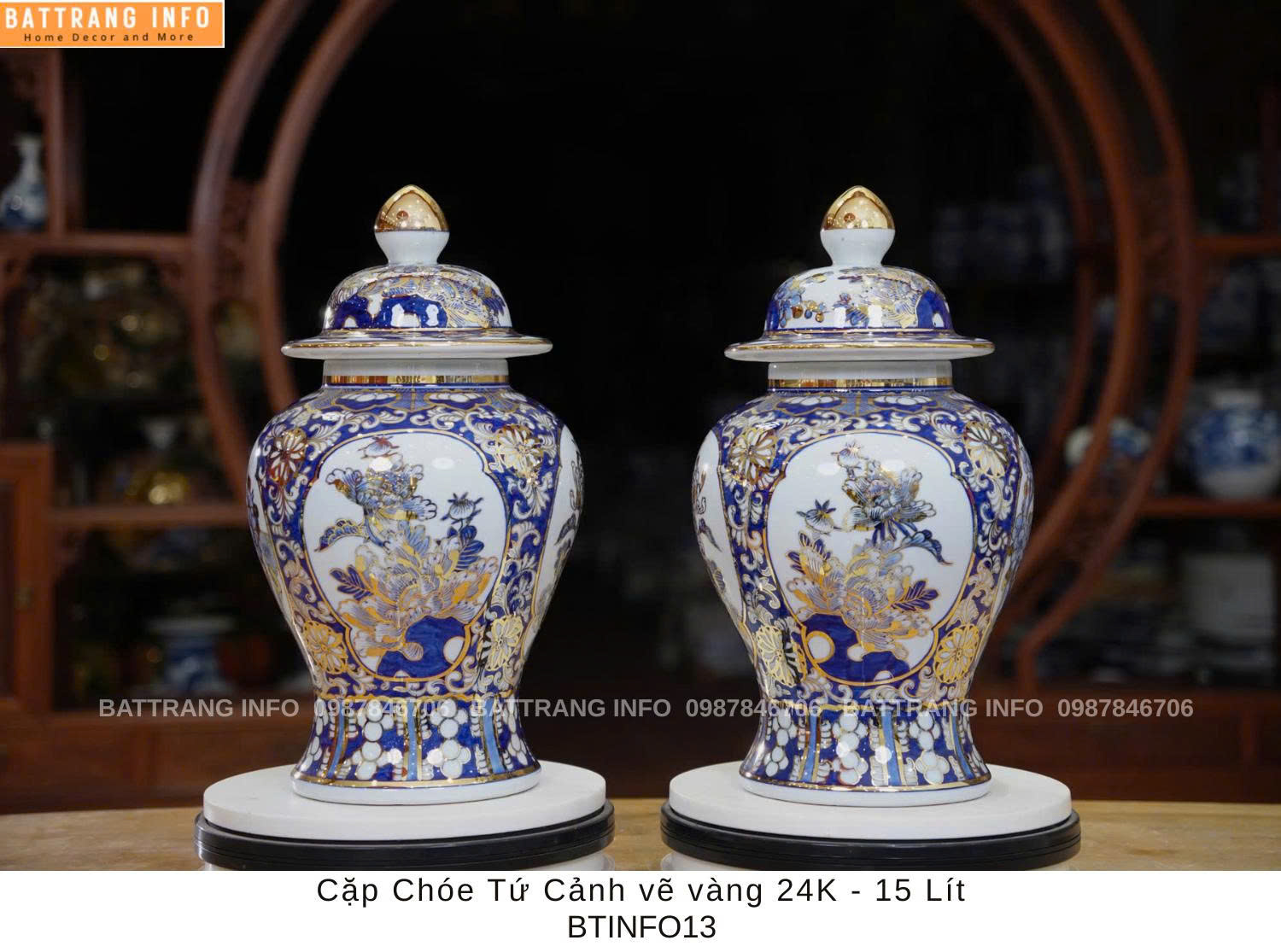 Cặp Choé Tứ Cảnh Vẽ Vàng 24k - 15 Lít