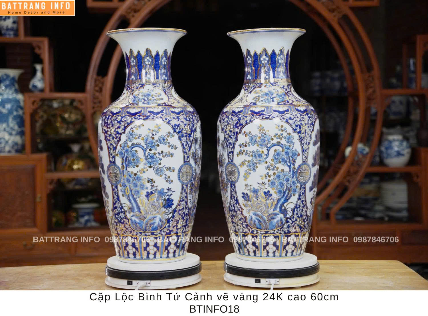 Cặp Lộc Bình Tứ Cảnh Vẽ Vàng 24K Cao Cấp Bát Tràng Cao 60cm – Vượng Khí, Tài Lộc, Đẳng Cấp