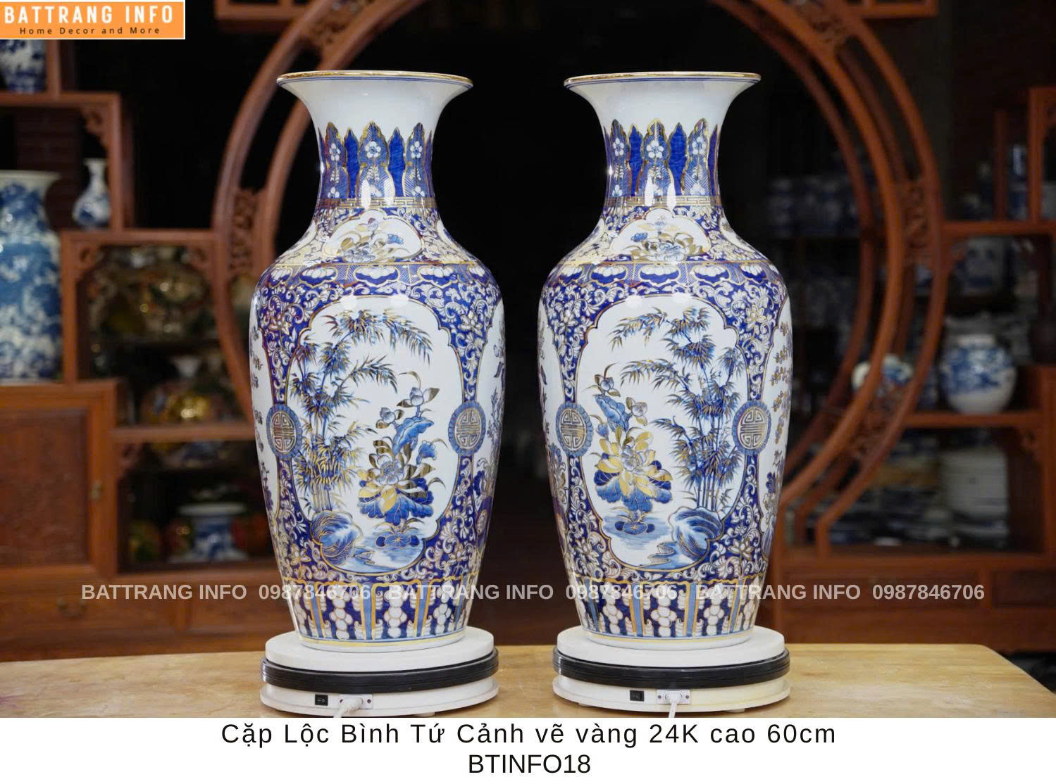 Cặp Lộc Bình Tứ Cảnh Vẽ Vàng 24K - Cao 60cm