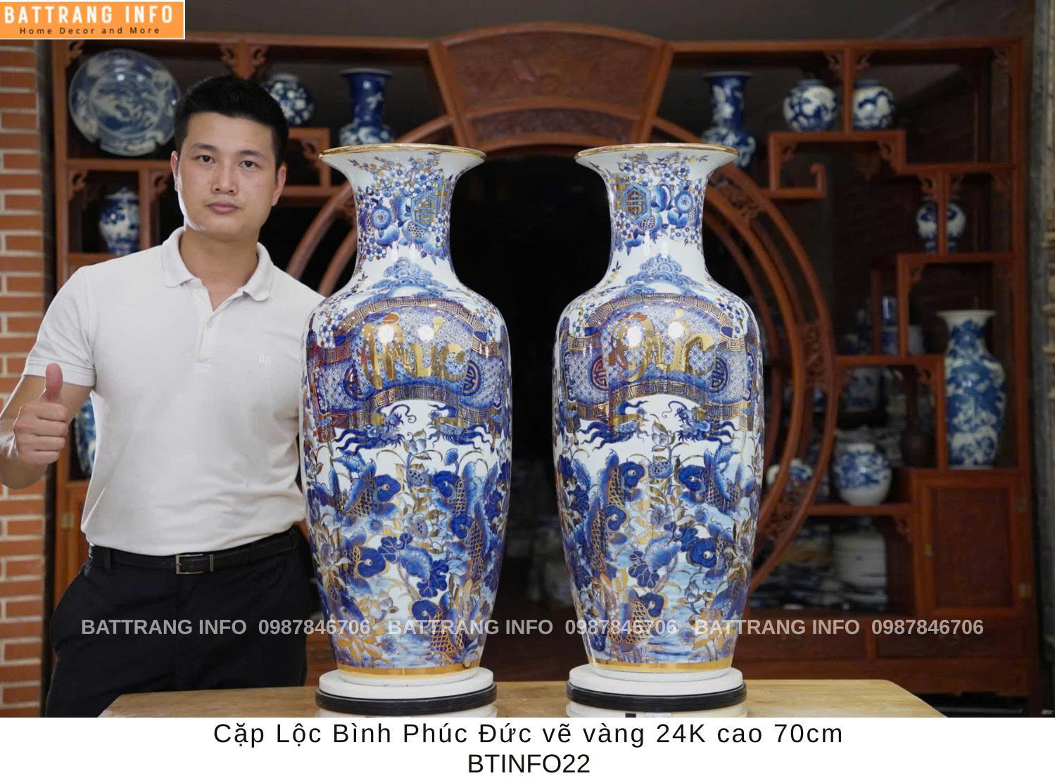 Cặp lộc Bình Phúc Đức Vẽ Vàng 24K - Cao 70cm