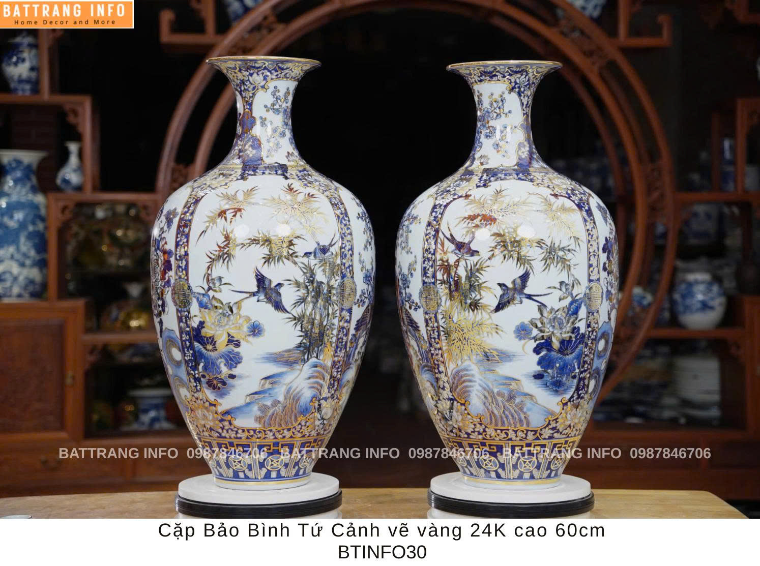 Cặp Bảo Bình Tứ Cảnh Vẽ Vàng 24k - Cao 60cm