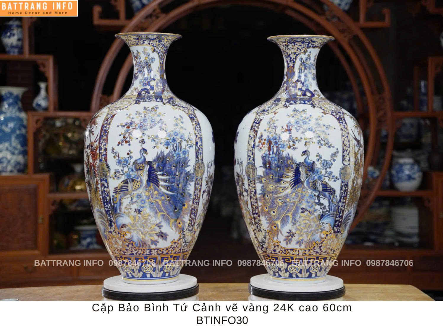 Cặp Bảo Bình Tứ Cảnh Vẽ Vàng 24K Cao Cấp Bát Tràng Cao 60cm – Tinh Hoa Gốm Việt