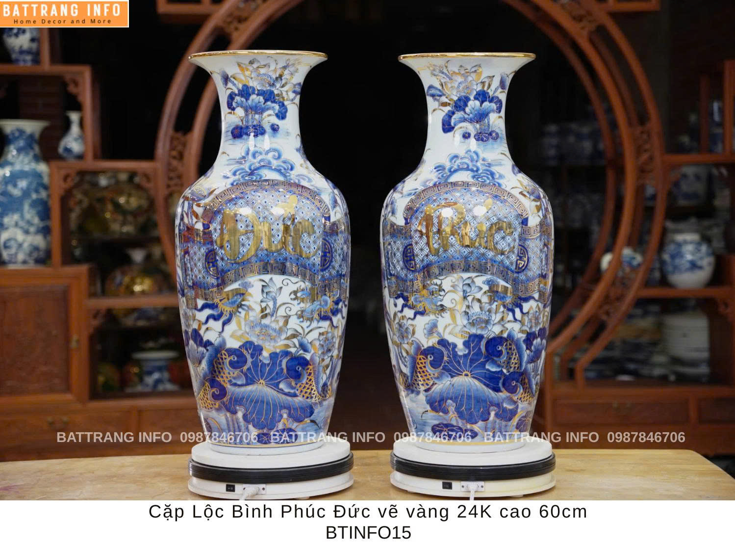 Cặp Lộc Bình Phúc Đức Vẽ Vàng 24K Cao 60cm Cao Cấp Bát Tràng