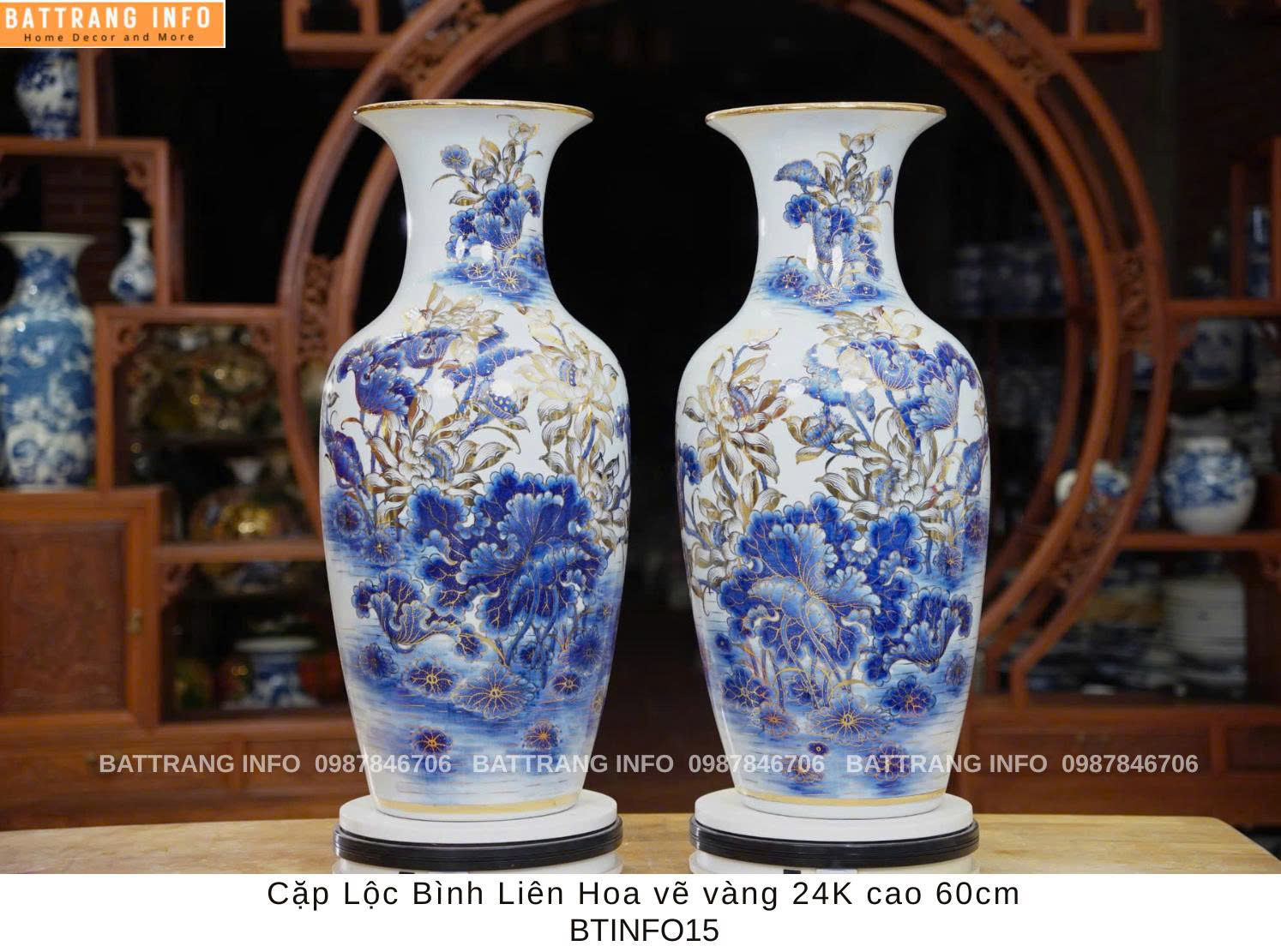 Cặp Lộc Bình Liên Hoa Vẽ Vàng 24k - Cao 60cm