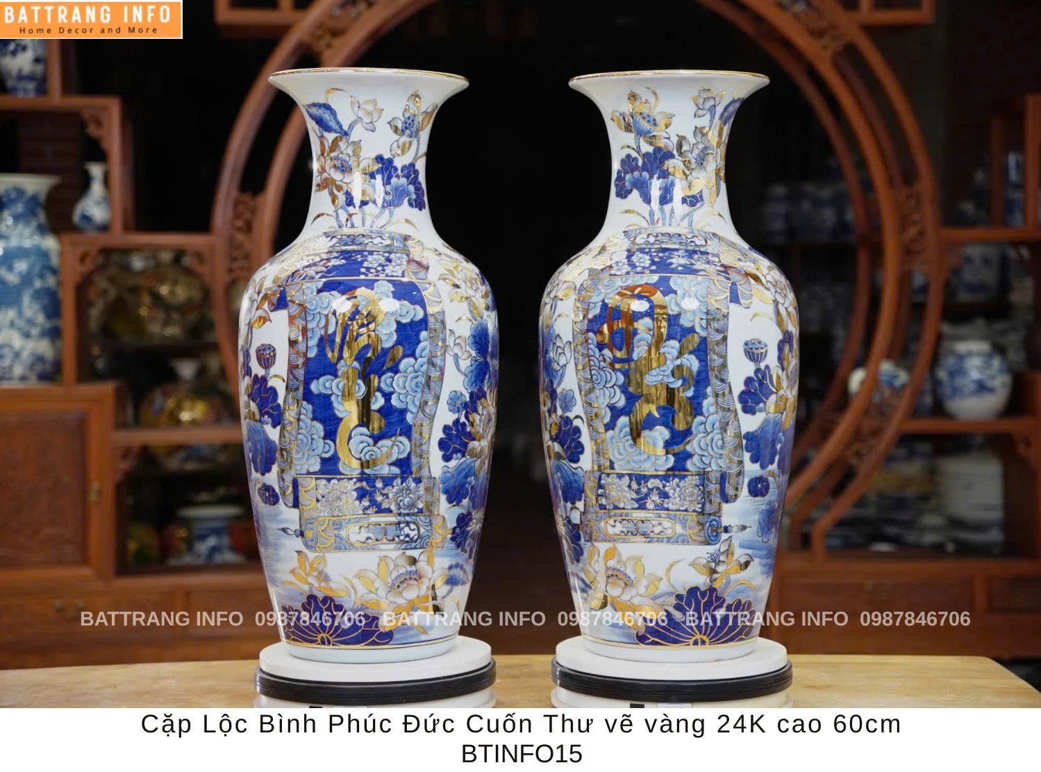 Cặp Lộc Bình Phúc Đức Cuốn Thư Vẽ Vàng 24k Cao 60cm