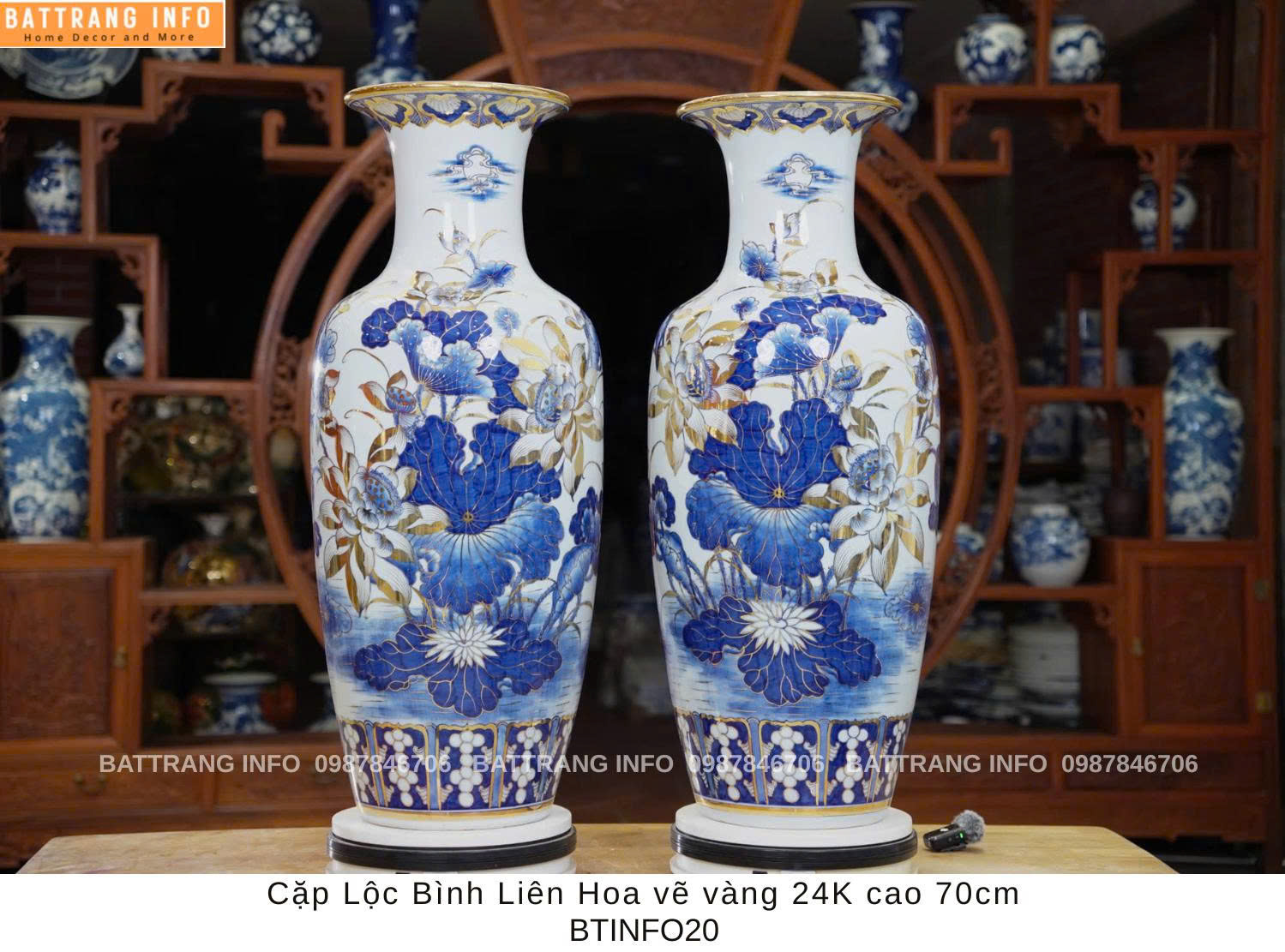 Cặp Lộc Bình Liên Hoa Vẽ Vàng 24k - Cao 70cm