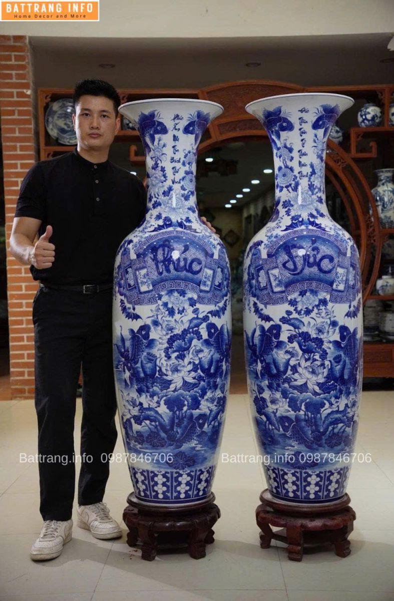  Lộc Bình Phúc Đức Men Lam Khử Vẽ Tay Kỹ 1m5 Cao Cấp