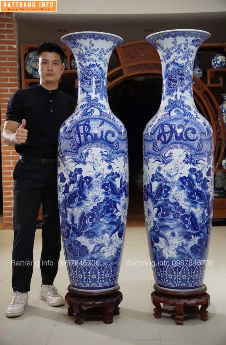  Lộc Bình Phúc Đức Men Lam Khử Vẽ Tay Kỹ 1m6 Cao Cấp