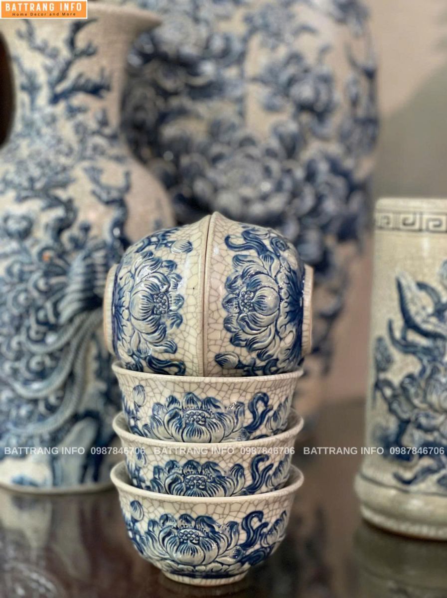Bát Cúng Xanh Rạn Đắp Nổi