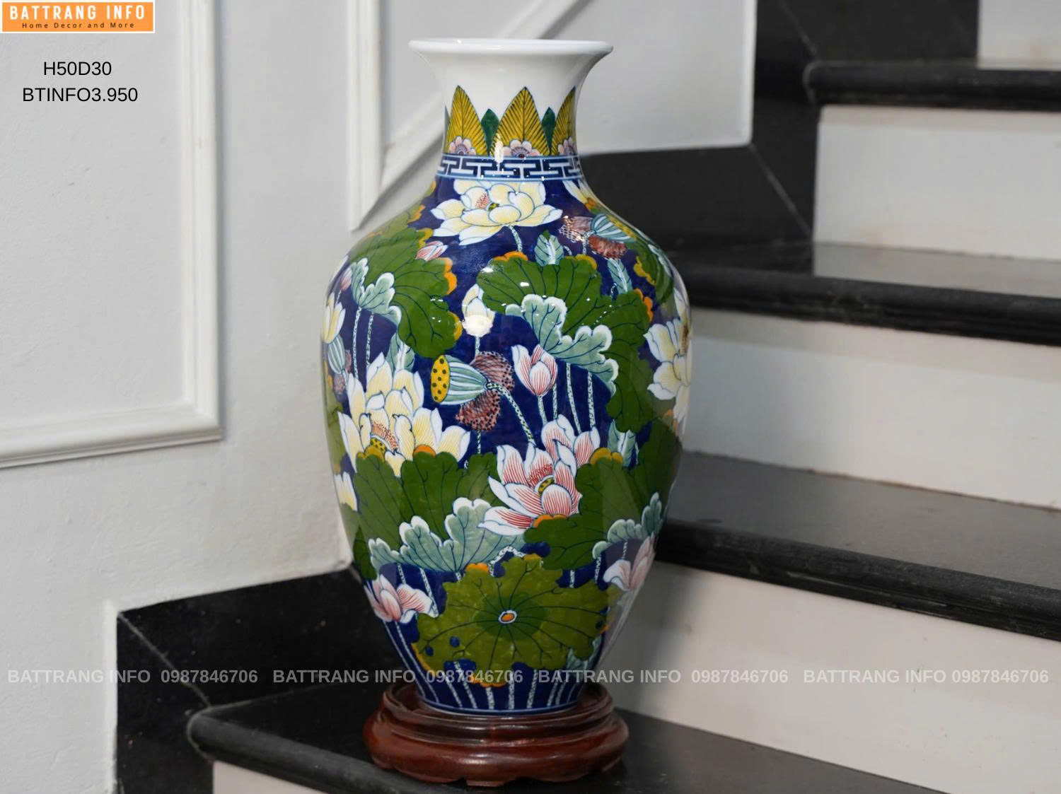 Bình Trang Trí Vẽ Sen Cao 50cm Cao Cấp Bát Tràng