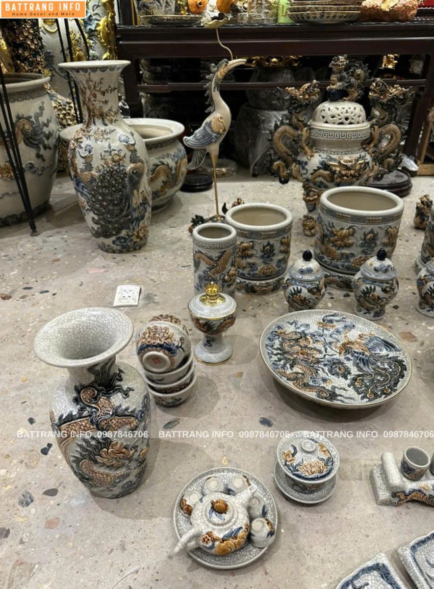 Bộ Đồ Thờ Men Rạn Đắp Nổi Cao Cấp Bát Tràng