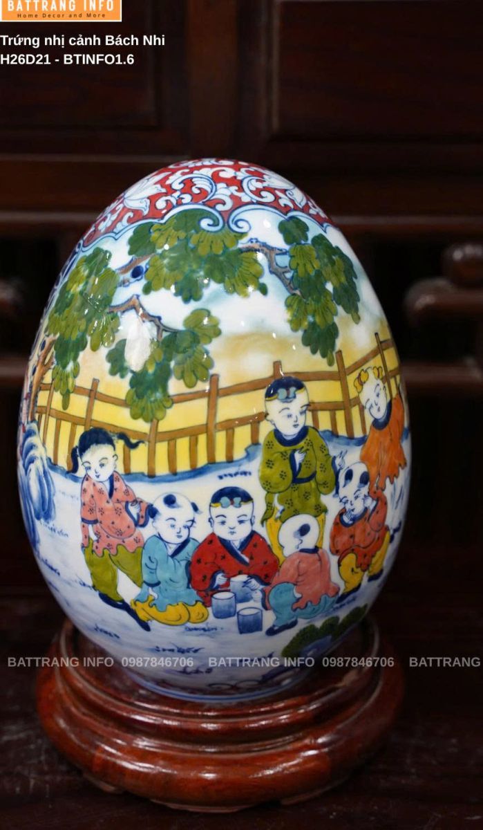 Trứng Phong Thủy Nhị Cảnh Bách Nhi Vẽ Tay Cao 26cm