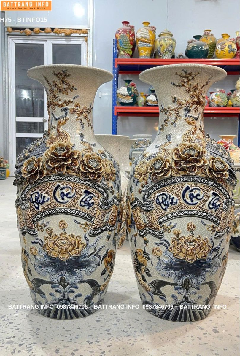 Lộc Bình Men Rạn Đắp Nổi Chữ Phúc Lộc Thọ Cao 75cm