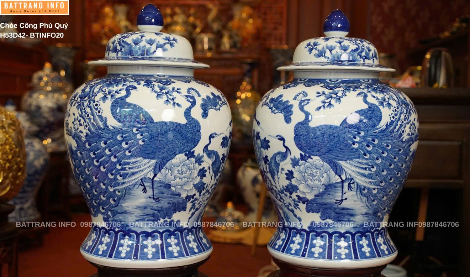 Chóe Công Danh Phú Quý men lam vẽ tay cao 53cm – Gốm sứ cao cấp Bát Tràng