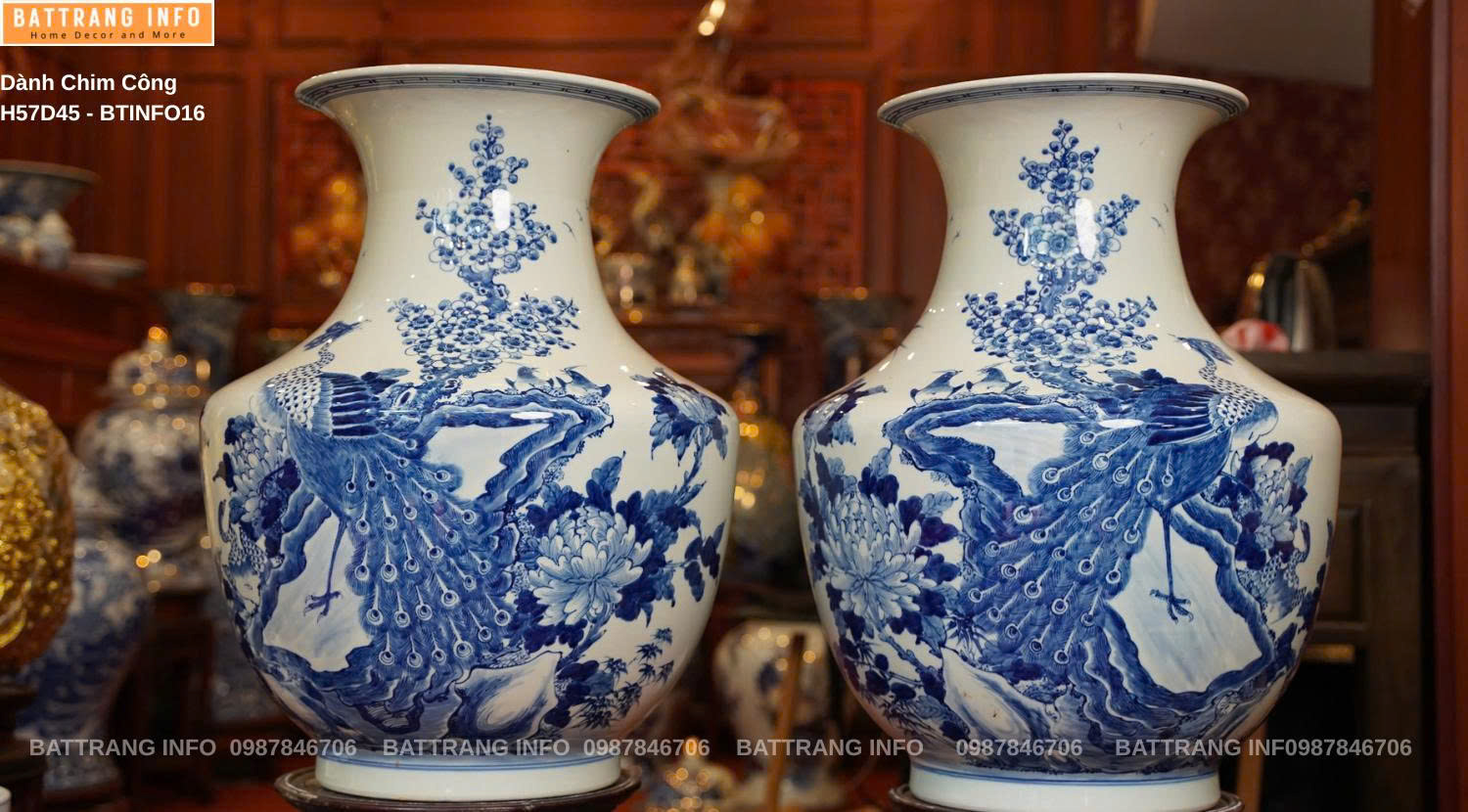 Dành Men Lam Vẽ Chim Công Cao 57cm – Vẽ Tay Cao Cấp Bát Tràng - Vật Phẩm Phong Thuỷ Độc Đáo