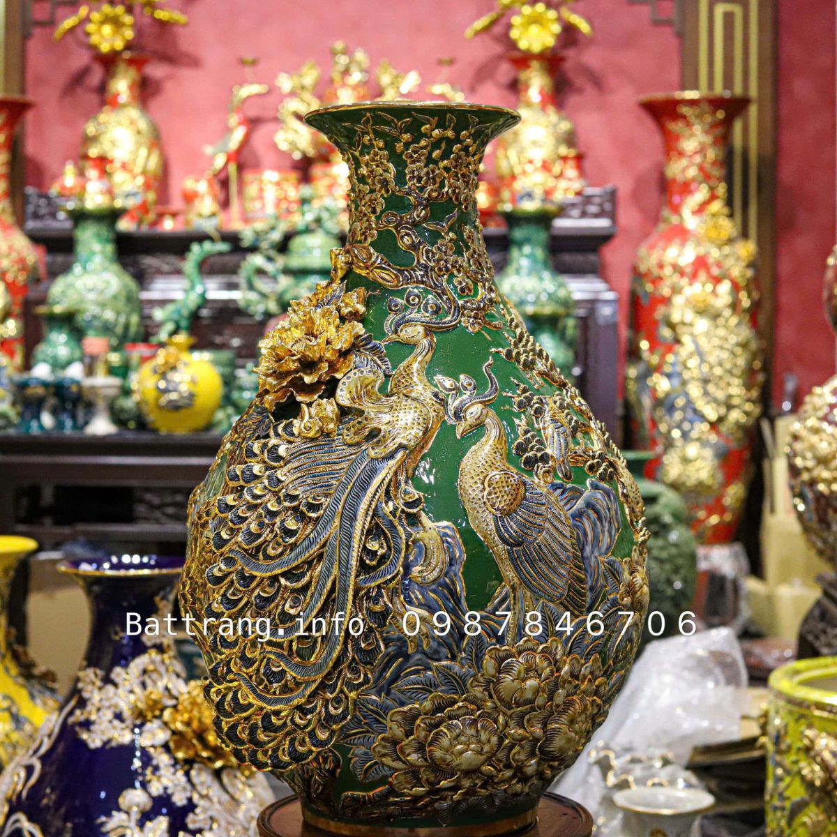 Bình Tỳ Bà Công Danh Phú Quý Men Màu Đắp Nổi Vẽ Vàng 24K Cao Cấp Bát Tràng - Mang Lại Tài Lộc - Danh Vọng Và Thịnh Vượng