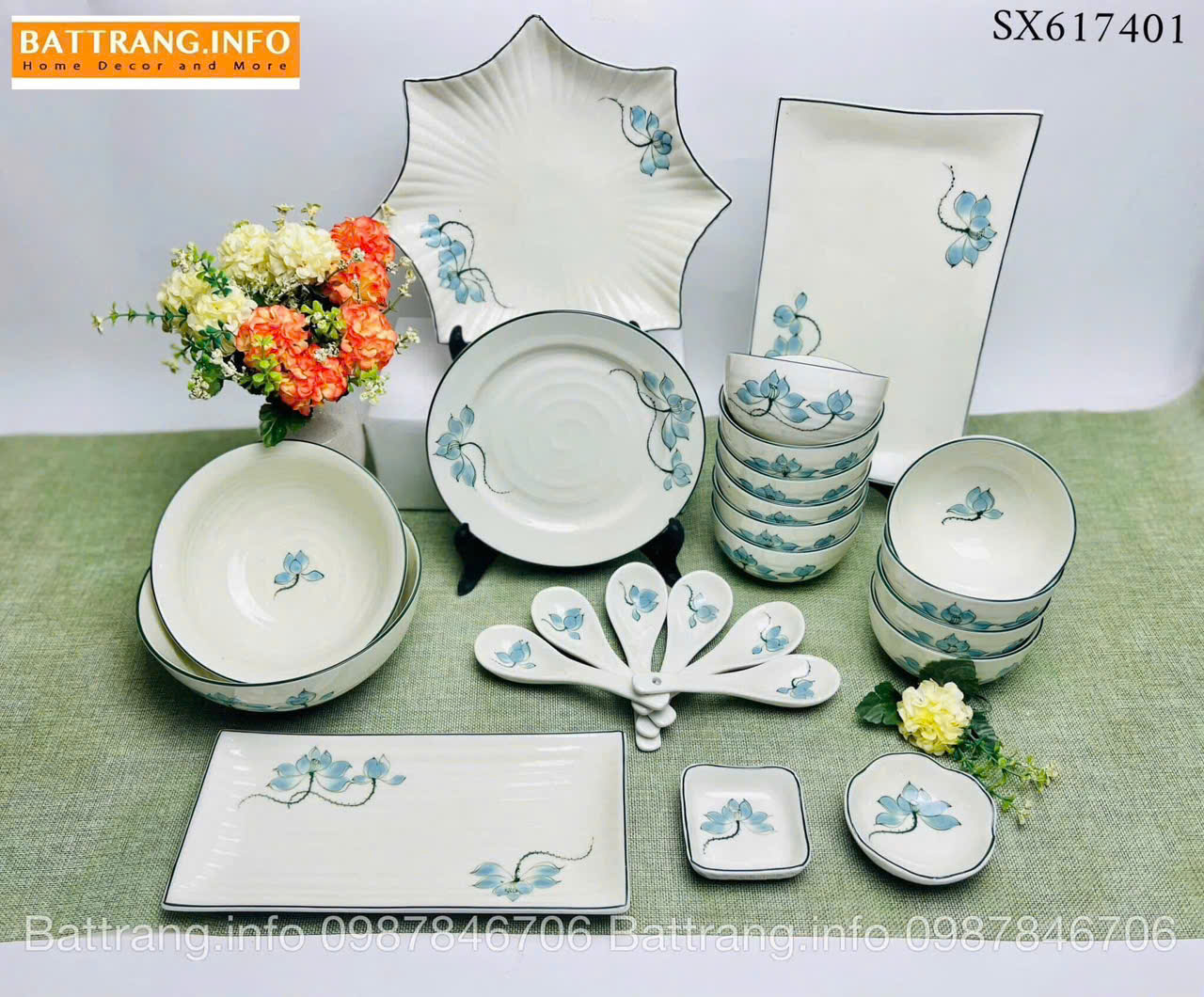 Bộ Bát Đĩa Sen Xanh Vẽ Tay Cao Cấp Bát Tràng