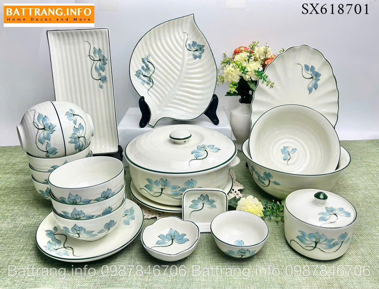 Bộ Bát Đĩa Sen Xanh Vẽ Tay Cao Cấp Bát Tràng