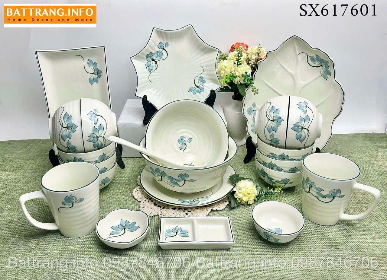 Bộ Bát Đĩa Sen Xanh Vẽ Tay Cao Cấp Bát Tràng