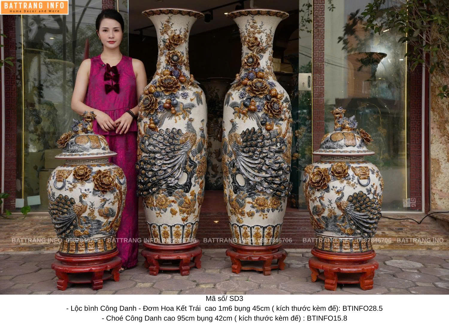  Combo Lộc Bình Công Danh Phú Quý Men Rạn Đắp Nổi Cao 1m6 và Chóe Công Danh 95cm – Tinh Hoa Gốm Sứ Bát Tràng Cho Không Gian Thờ Cúng & Phong Thủy